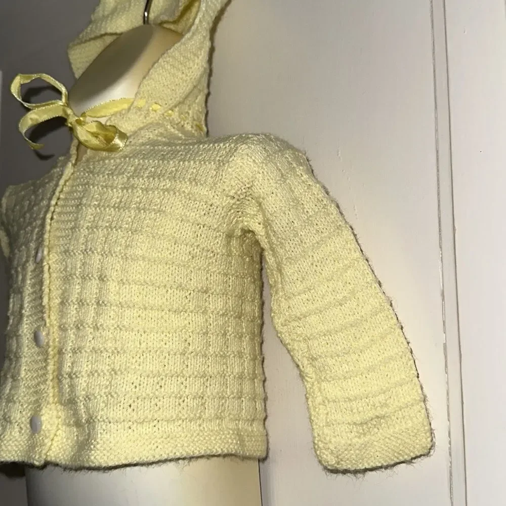 Vintage‎ yellow pom pom hooded cardigan unisex baby sweater